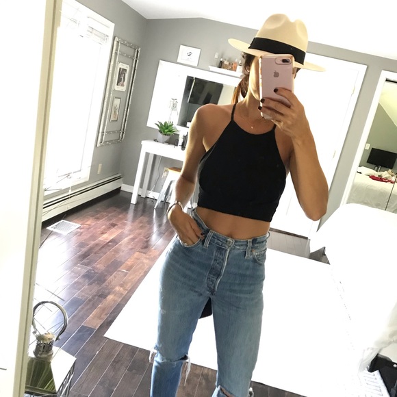 Aqua Tops - AQUA black halter crop tie back shirt XS